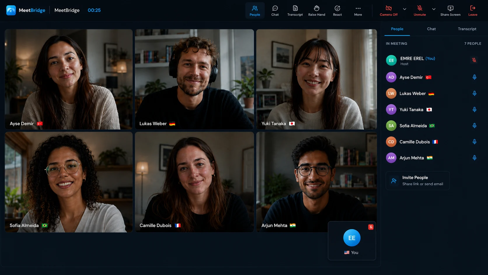 MeetBridge live meeting room with participants and multilingual people panel
