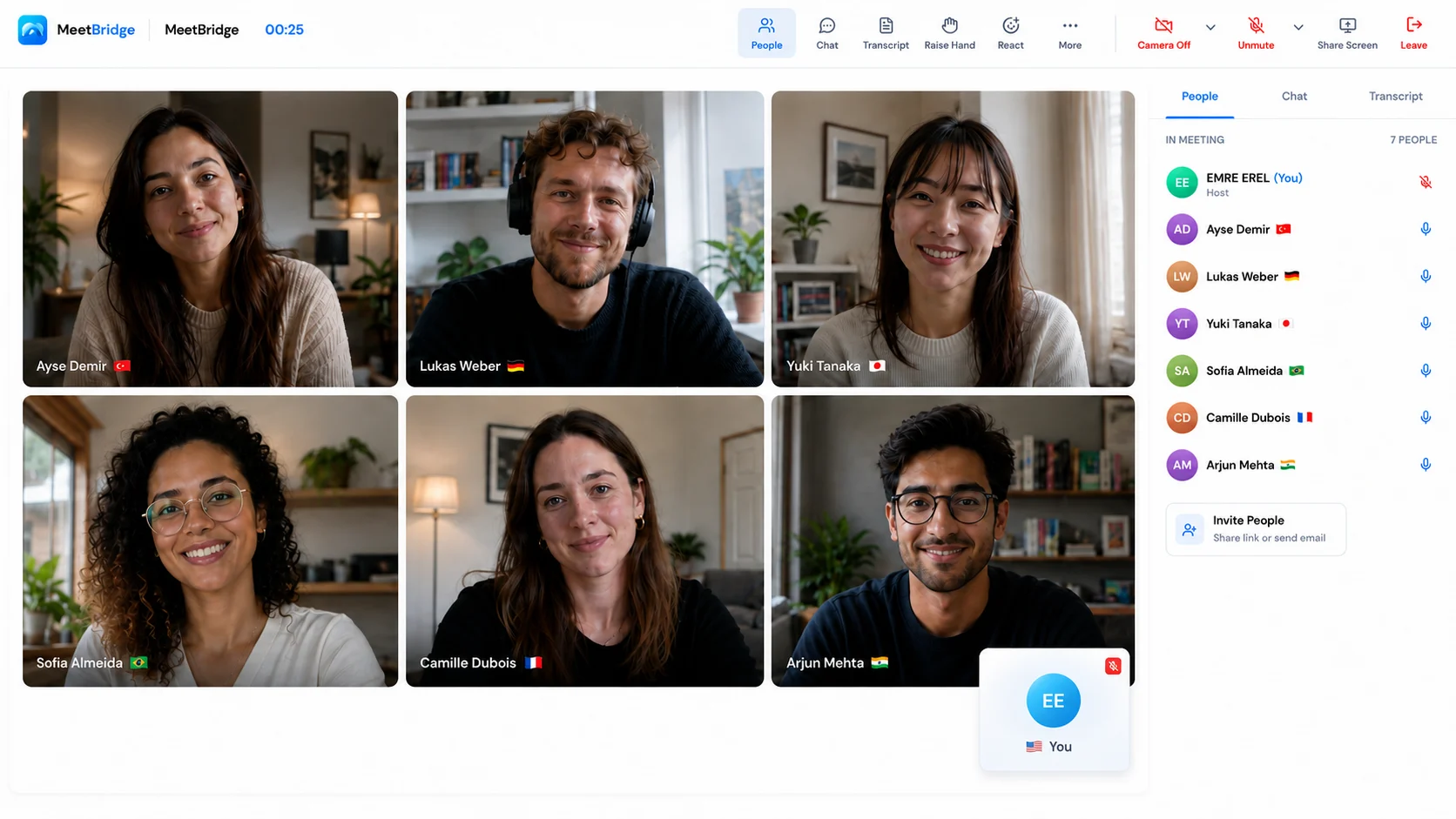 MeetBridge live meeting room with participants and multilingual people panel