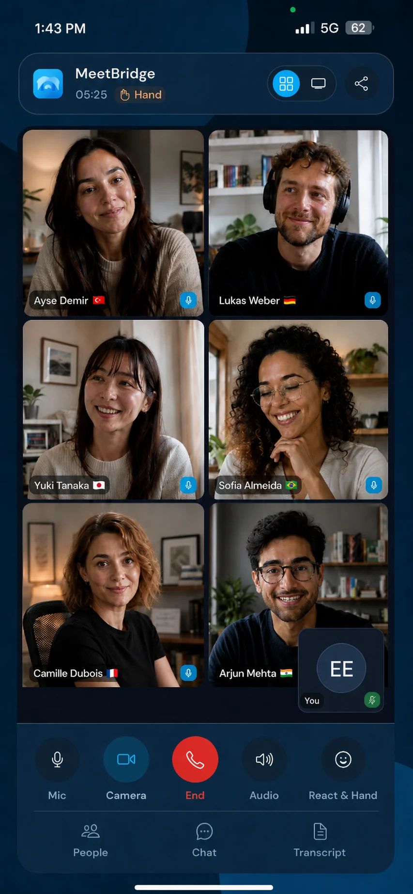MeetBridge mobile app showing meeting controls and participants