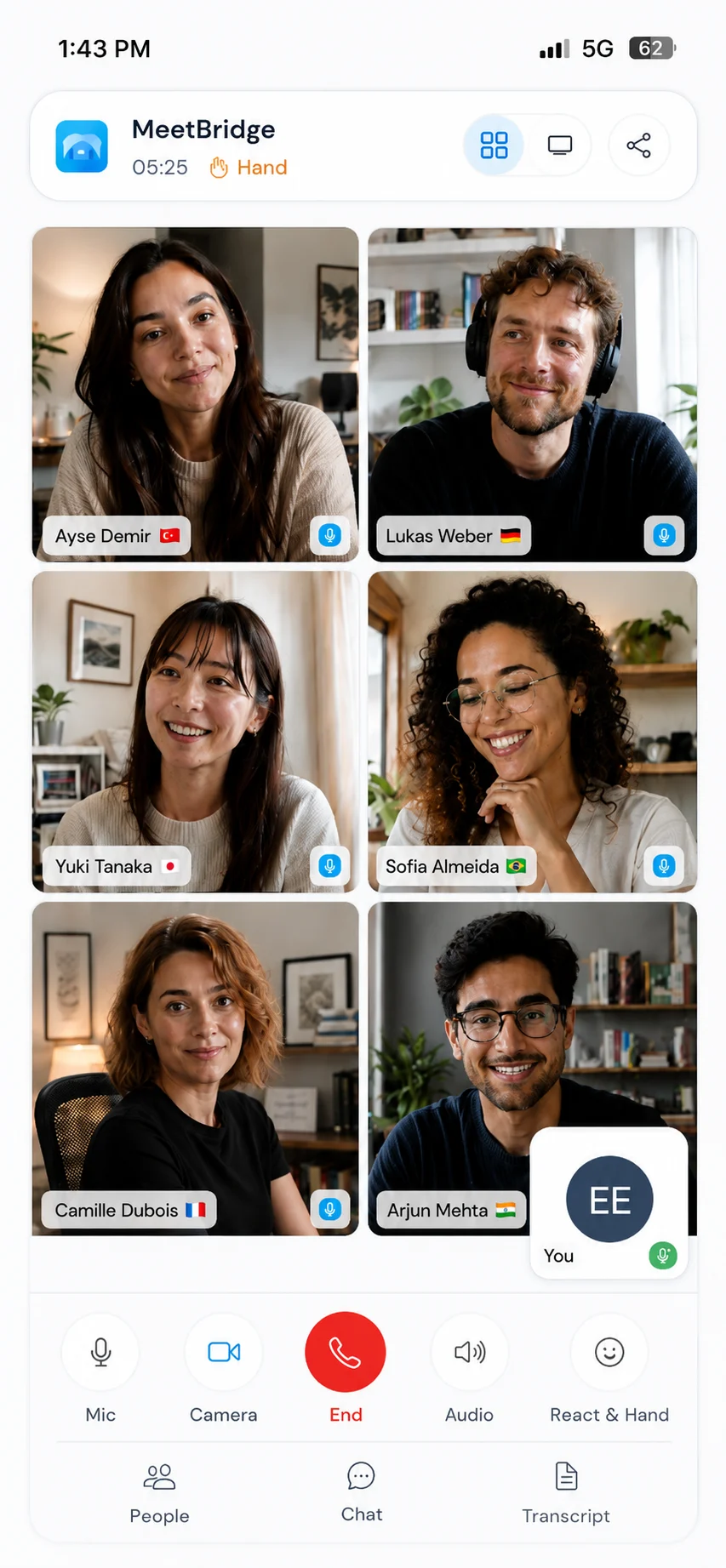 MeetBridge mobile app showing meeting controls and participants